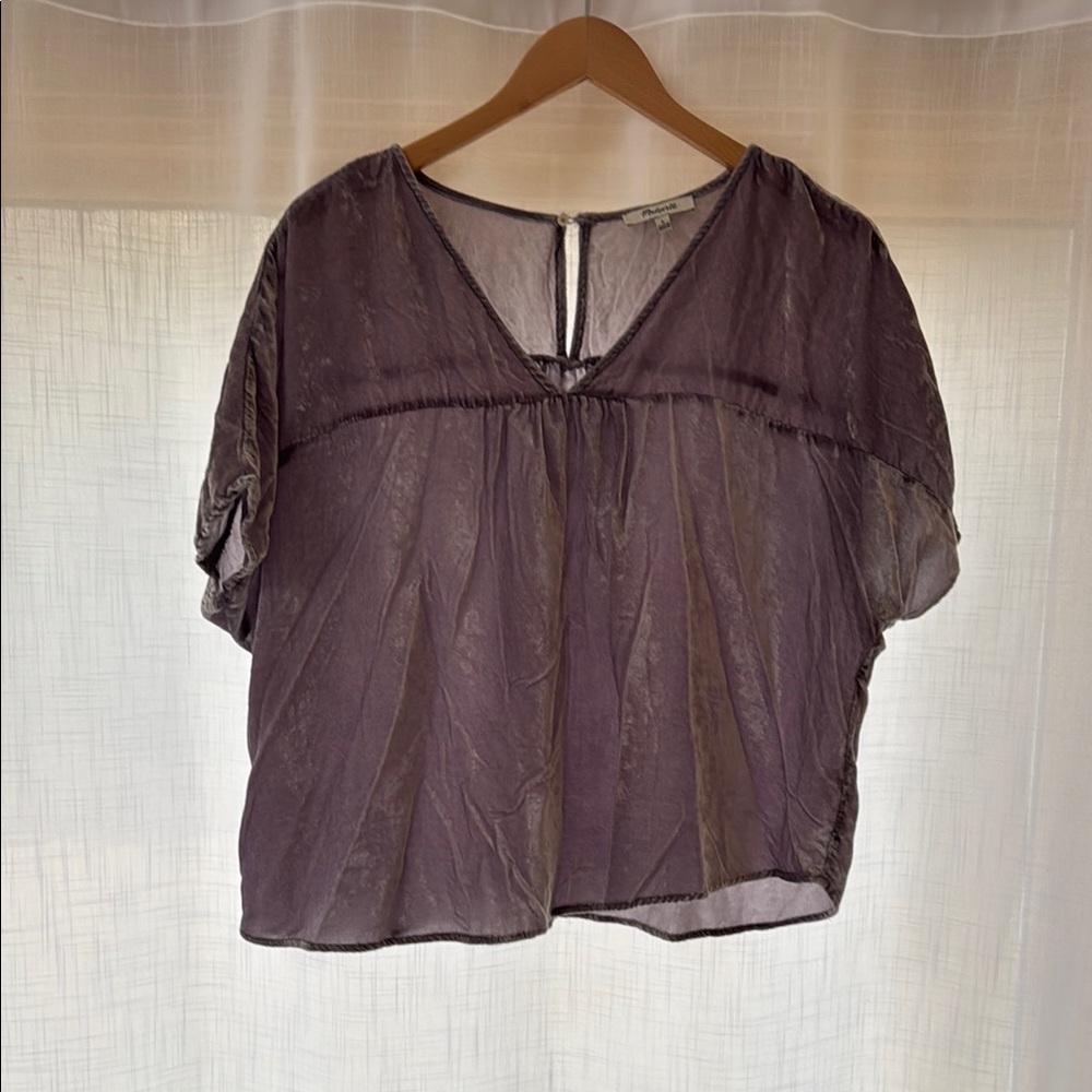 Purple sheer short sleeve blouse with crew neck and relaxed style